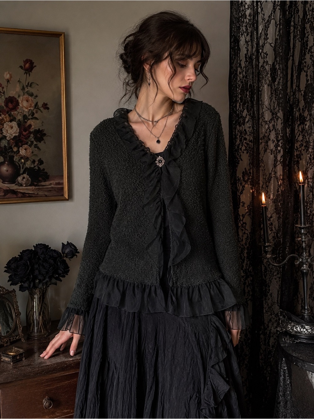 Decorated Originals Black Bouclé Ruffle Cardigan Sheer Trim Boho Sweater L